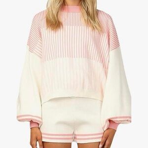 Pink and White Striped Sweater and Shorts Set
